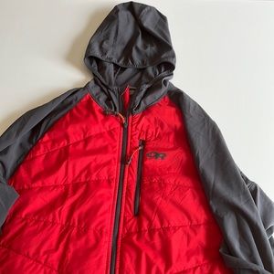 Red with Grey Sleeves Outdoor research hooded jacket.